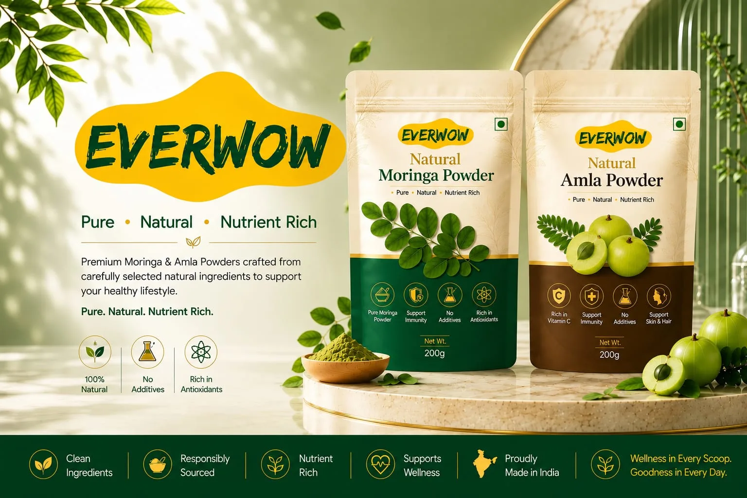 EverWow Natural Moringa Powder and Amla Powder pouches, 200g, with fresh moringa leaves and amla fruit